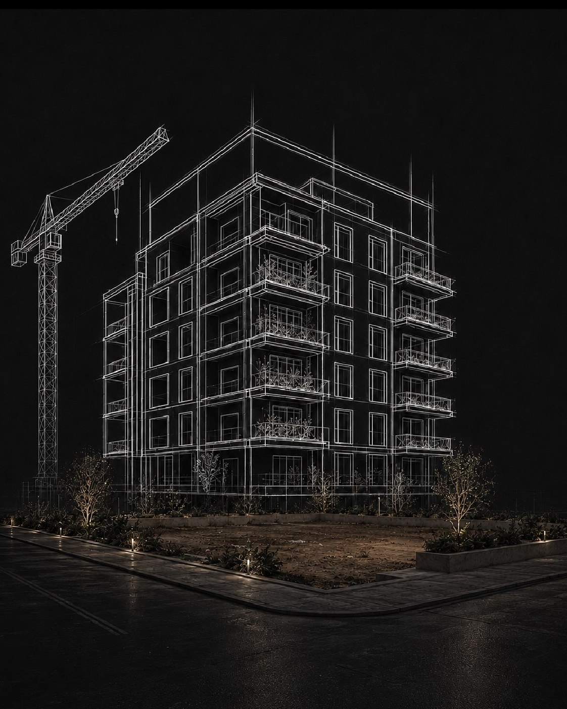 Edificio residencial en desarrollo: boceto arquitectónico y grúa sobre la parcela